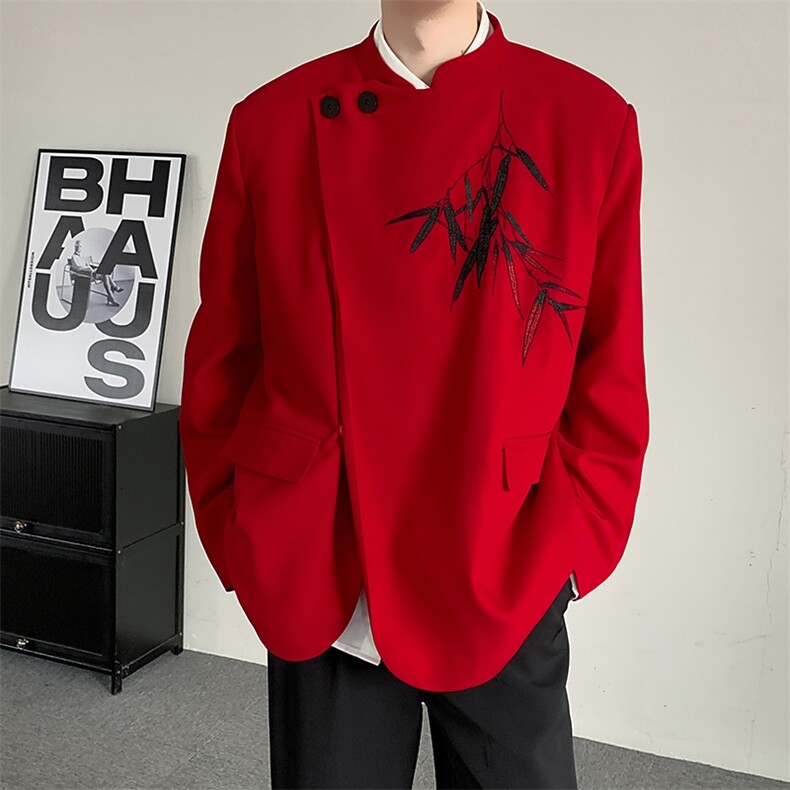 26过年喜庆立领西装结婚敬酒服新中式风竹子绣花休闲西服外套,男装西服套装,星座909