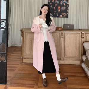 韩系甜美连帽双面羊毛大衣女2025秋冬季新款显瘦保暖长款呢子外套图片