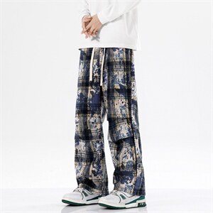 2026港风小香风扎染抽绳休闲裤膝盖褶皱大码M-5XL工装裤77937P45，男装工装外套，星座227-7