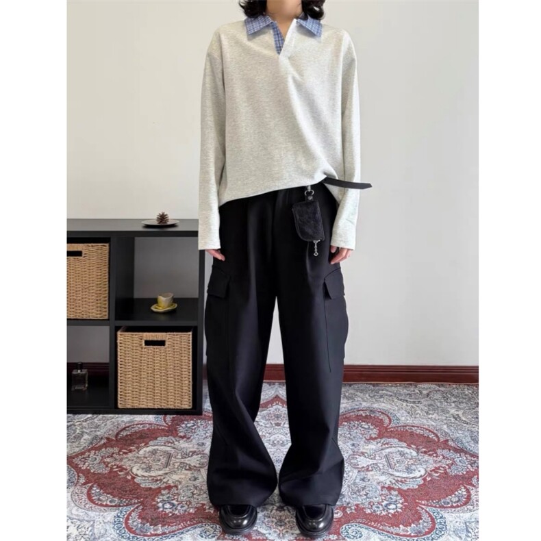 现货蓝色格子拼接翻领T恤长袖上衣情侣款男女CX02-TP35,男装T恤,星座910A