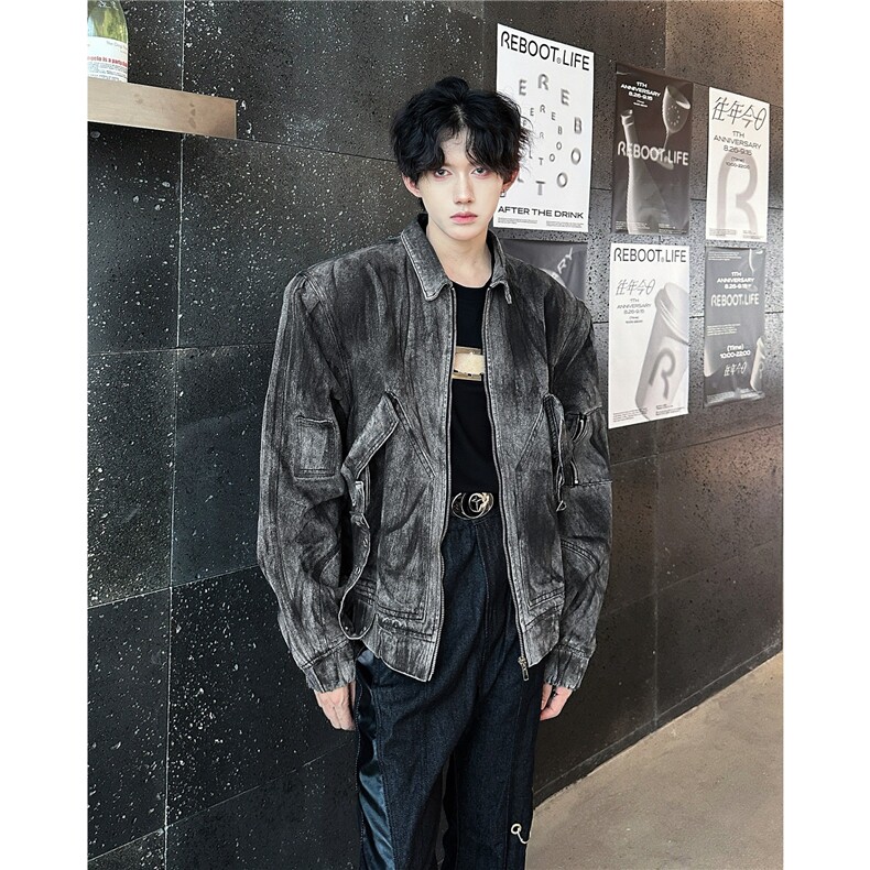 欧美扎染重工牛仔外套朋克做旧水洗vintage翻领潮夹克男NT897,男装夹克,星座601-2