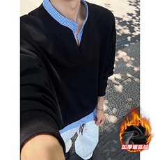 420g重磅华棉条纹假两件V领银狐绒大码卫衣W5431J加绒-特P50控98，男装卫衣，电商A001