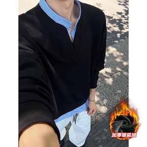 420g重磅华棉条纹假两件V领银狐绒大码卫衣W5431J加绒-特P50控98图片