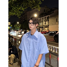 夏季冰丝上衣翻领宽松半袖免烫暗扣衬衫垂感短袖衬衣DX9958P35特，男装衬衫，电商D256-1(原A064-1)