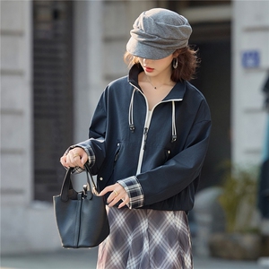 时尚休闲立领抽绳短外套女2025秋季格纹袖口拼接宽松显瘦夹克上衣图片