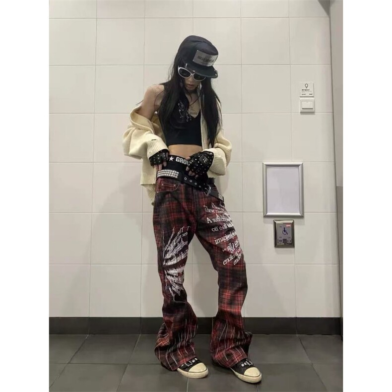 男女接头朋克风直筒长裤格纹撞色拼接宽松阔腿牛仔裤HB5104P47,男装牛仔裤,星座1112-1