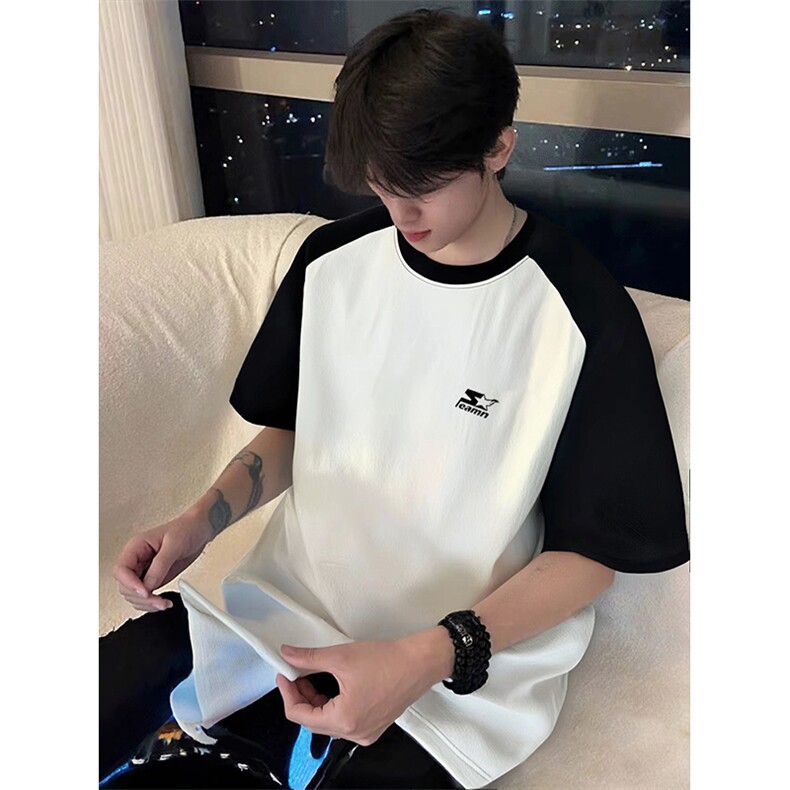 抖音得物高品质二开240克宽松纯棉美式潮牌插肩袖拼接短袖T恤，男装T恤，电商A486-1