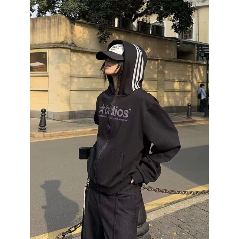 直筒型美式三条杠连帽黑色卫衣女春季开衫日常潮常规秋季青少年,男装针织衫/毛衣,星座506A