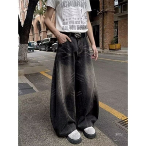 GL0170-P55街头复古牛仔裤男宽松廓形阔腿长裤美式百搭弯刀休闲裤