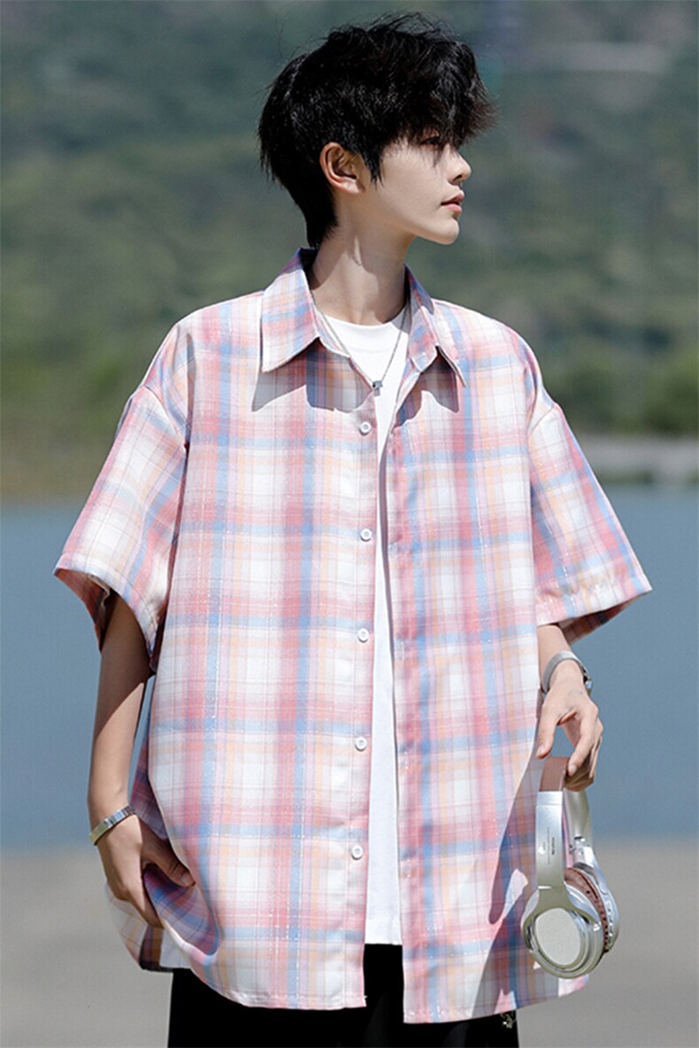 8XL-M格子短袖衬衫男夏季薄款DK制服衬衣JK学院风半袖外套DC28004,男装衬衫,电商B312