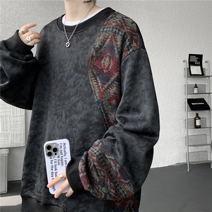 现货 WY10169-特P50新中式重磅圆领拼接长袖套头上衣大码卫衣外套图片