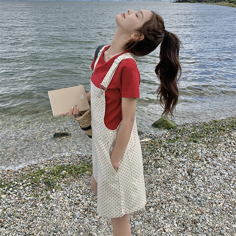 可盐可甜波点背心裤套装女夏新款小个子休闲显瘦红色t恤两件套,女装连体裤,2C087