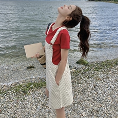 可盐可甜波点背心裤套装女夏新款小个子休闲显瘦红色t恤两件套，女装连体裤，2C087