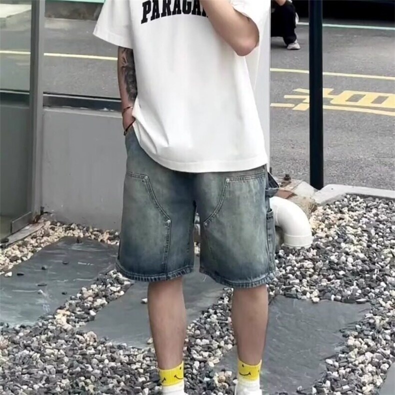 2025夏季新款美式复古水洗做旧牛仔短裤男款潮牌宽松直筒五分,男装牛仔裤,星座218-1（原230）