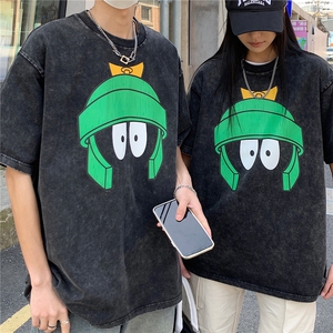 情侣装高街美式水洗印花圆领宽松短袖T恤男半袖潮 D243 P38男类图片