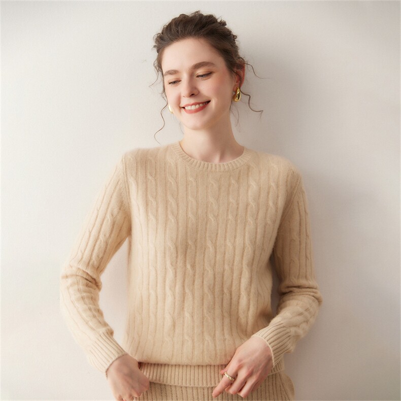 2025年秋季落肩袖常规款时尚百搭通勤圆领大麻花，女装针织衫/毛衣，溪贝羊绒