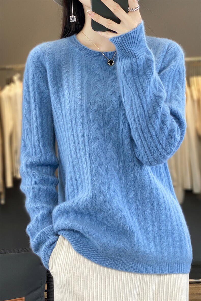 秋冬新款圆领100%羊毛衫女复古麻花套头羊绒衫宽松加厚打底衫毛衣,女装羊毛衫,秋虹羊绒