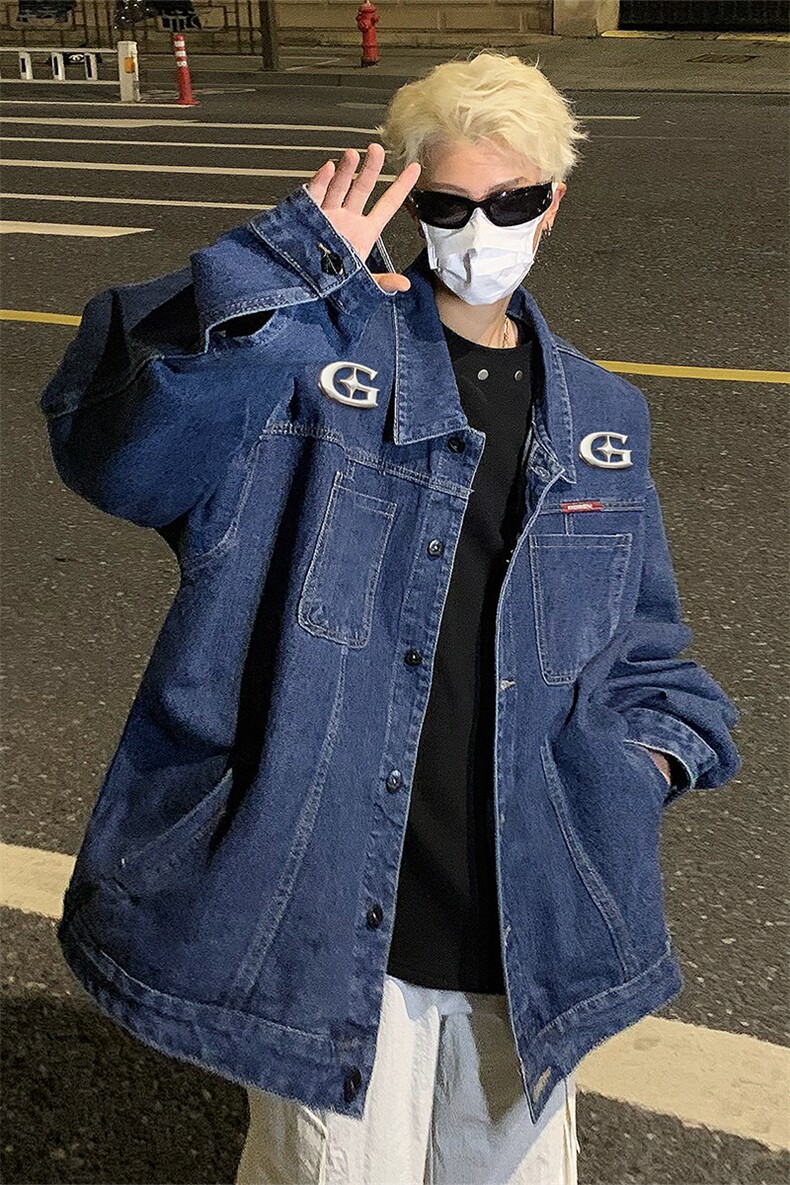 男装牛仔外套2026秋几何图案印花男生翻领夹克XZ514-2-N108-P88,男装工装外套,星座514-2(原B239)