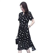 女士真丝桑蚕丝衬衫连衣裙女夏2024新款中年妈妈显瘦气质波点裙子，女装连衣裙，素月