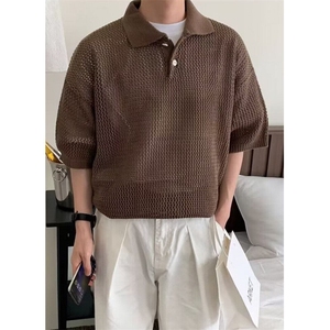 夏季肌理感重磅纯色t恤男针织衫休闲短袖男polo衫复古上衣 T972图片