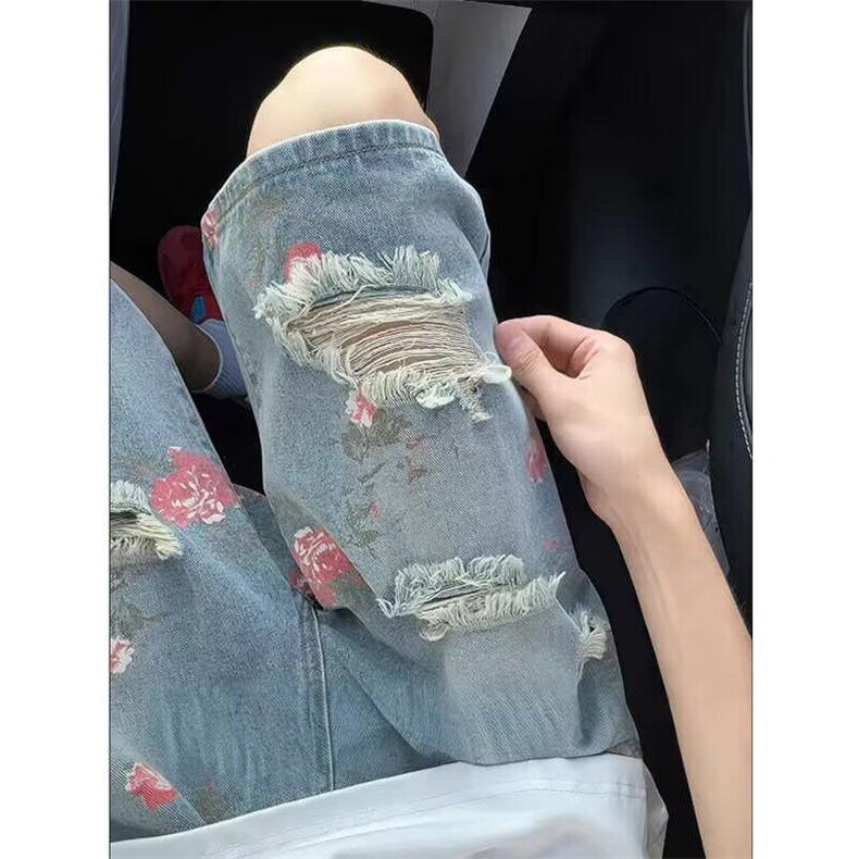 夏季玫瑰花破洞牛仔短裤男宽松五分裤街头痞帅风ND89,男装牛仔裤,星座1116A（原606A-3）