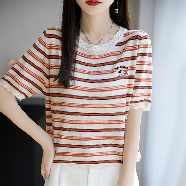 100%莱赛尔天丝针织短袖女圆领条纹刺绣小狗宽松T恤拼色显瘦上衣,女装T恤,郡淞羊绒