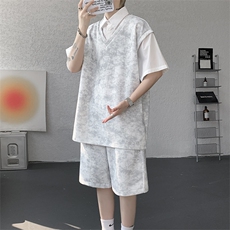 扎染套装西装领休闲春夏套装短袖短裤潮流休闲套装扎染面料特P65，男装休闲套装，电商B319