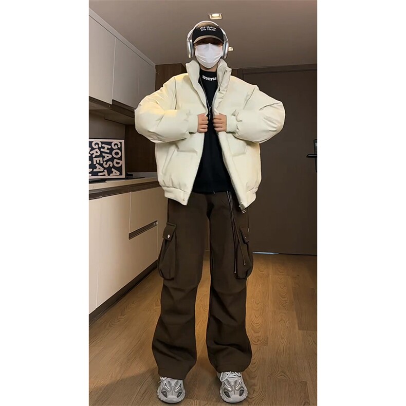 现货冬季三防重磅硬挺boxy短款羽绒刺绣立领PU皮棉衣外套加厚棉服图片