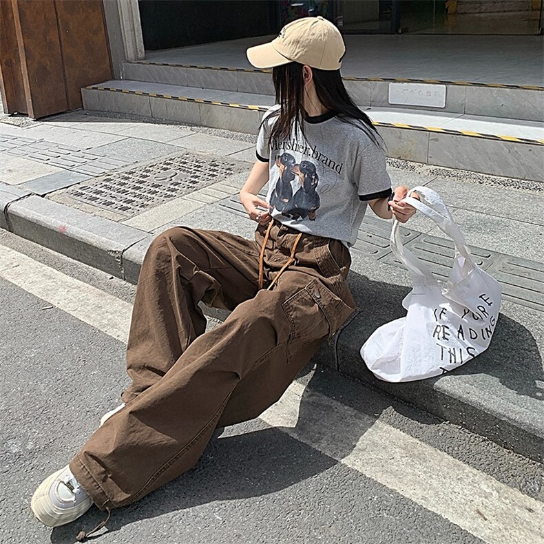 美式复古水洗做旧多口袋工装裤女阔腿宽松直筒百搭长款图片