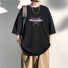 抖音得物供货210克现货宽松纯棉美式潮牌印花落肩袖纯棉T恤AT2175，男装T恤，电商A443