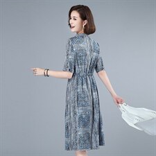 中长款连衣裙夏2021新款韩版通勤印花复古a字裙立领短袖套头裙子，女装连衣裙，伊满意