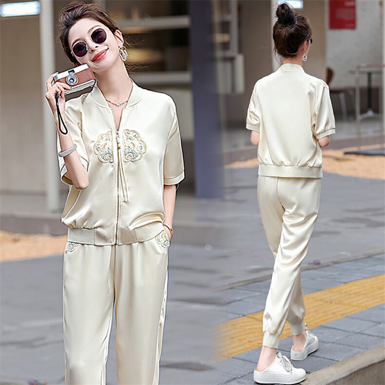 新中式国风刺绣休闲运动套装女2025夏季新款时尚棒球服短袖两件套,女装套装/套裙,半夏