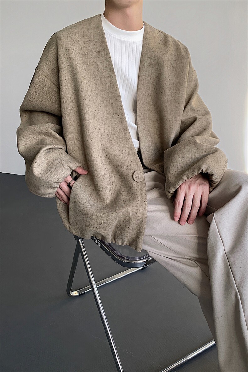 松弛感慵懒风休闲无领一粒单排扣西服夹克外套-82566-P95,男装西服,电商B289