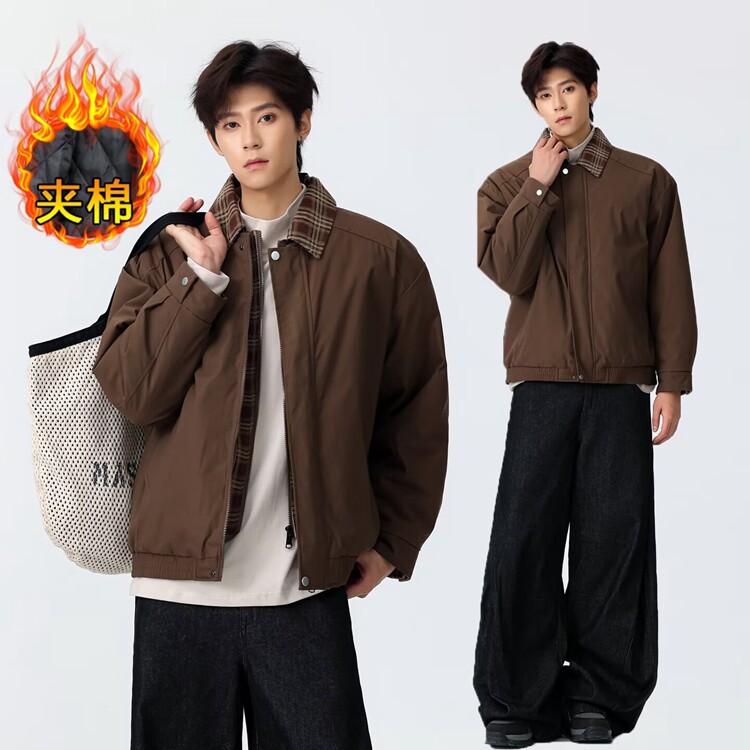 复古假两件飞行棉服夹克男格纹拼接棒球服美式休闲棕色外套图片