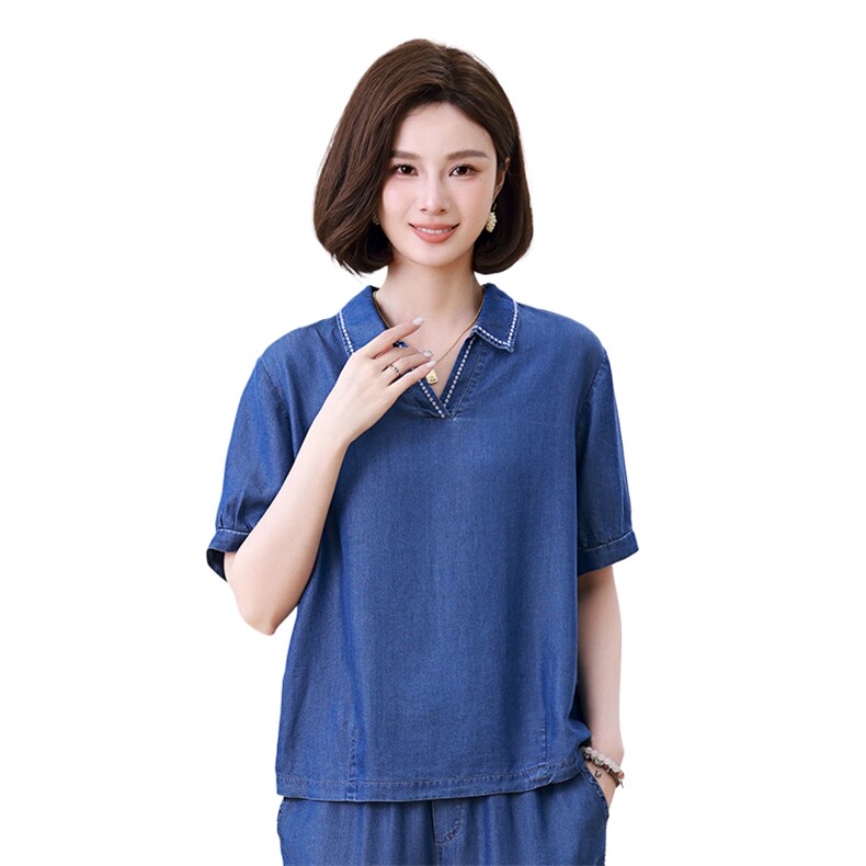 天丝牛仔女2025新款夏装搭配一整套微胖穿搭小个子妈妈,女装衬衫,叶笙衣