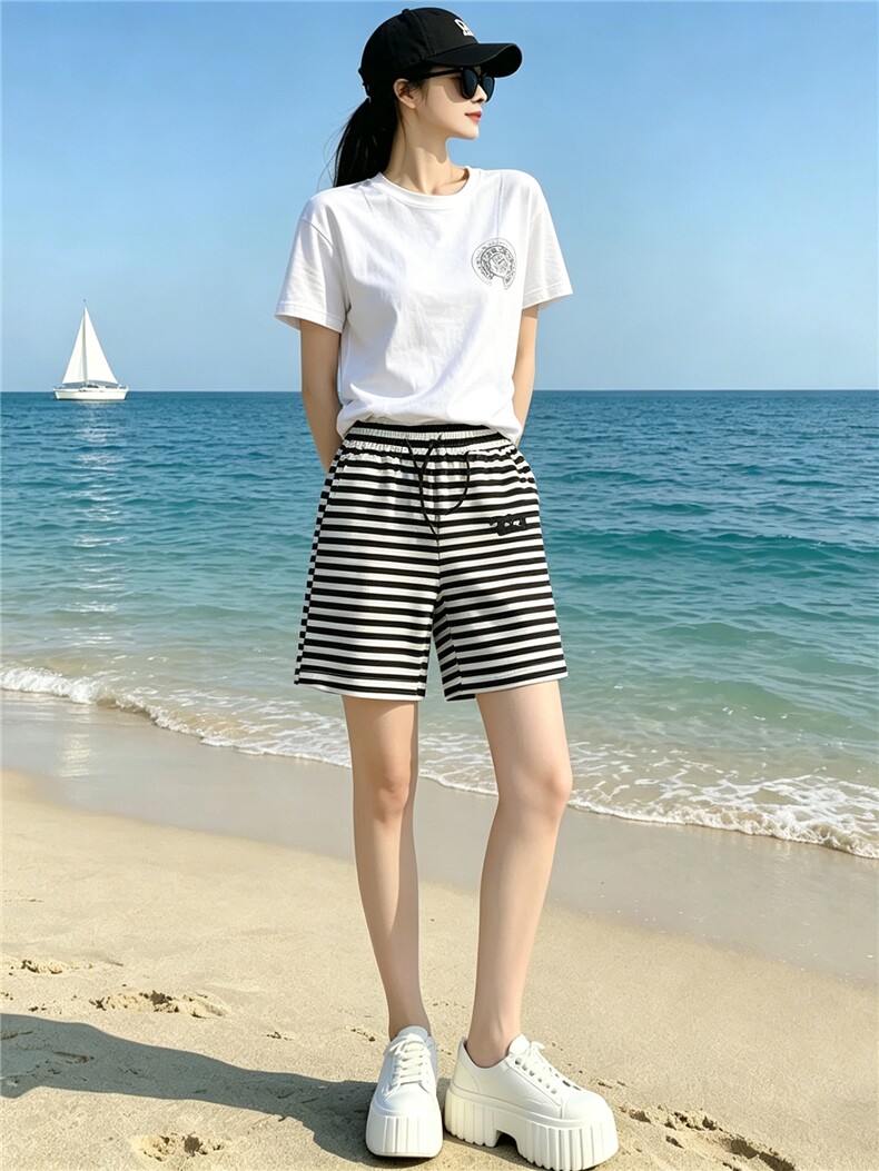 韩版休闲运动套装女夏季新款气质显瘦圆领短袖上衣条纹短裤两件套,女装套装/套裙,江南
