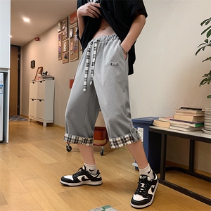 华夫格运动七分裤男夏季宽松过膝短裤ins潮牌大码休闲7分裤子k27图片