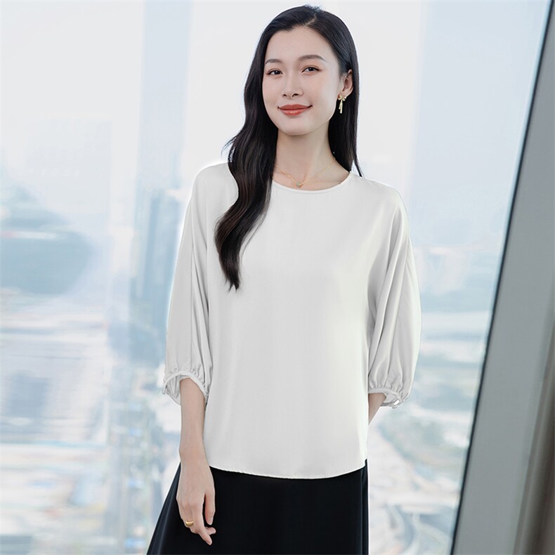 纯色真丝上衣女七分袖2026春夏宽松中袖中年妈妈装真丝T恤小衫,女装衬衫,阿舍尔精品