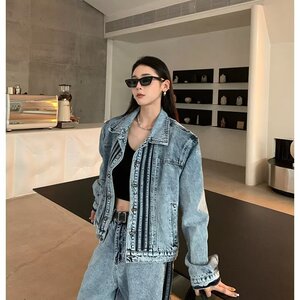 美式复古三条杠牛仔外套男女夹克短款小众设计感休闲百搭宽松外套图片