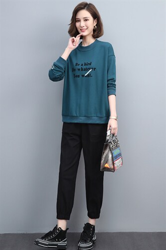 2022春季新款简约时尚圆领字母植绒印花宽松休闲舒适两件套，女装套装/套裙，丽影随形