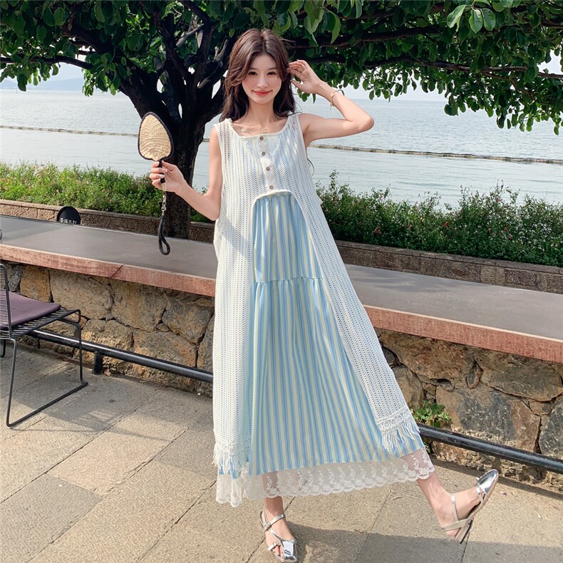 蓝色条纹吊带连衣裙女2025夏季新款法式度假风镂空罩衫长裙两件套,女装套装/套裙,2D078
