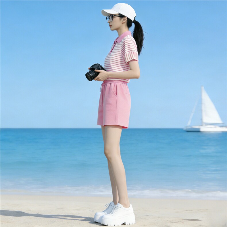 韩版运动休闲套装女夏季新款时髦减龄条纹Polo领上衣阔腿裤两件套,女装套装/套裙,江南