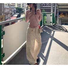 小个子白色碎花牛仔裤女夏季新款高腰宽松显瘦Kitty刺绣阔腿裤子，男装牛仔裤，星座1210-1