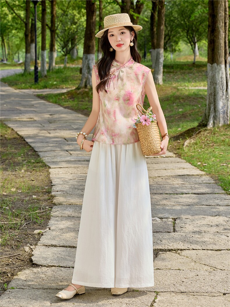 现货2026年夏季新中式人丝上衣麻料阔腿裤子，可分开卖,女装套装/套裙,伊仟回