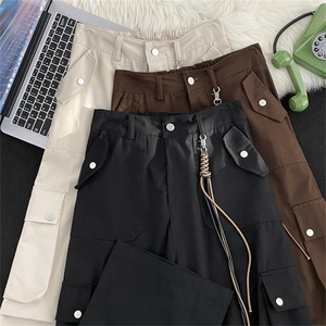 美式复古hiphop设计感褶皱美拉德休闲裤男女直筒阔腿工装裤子口袋图片