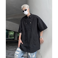 薄款冰丝拉链垫肩衬衫男短袖高街夏季浅蓝工装衬衣设计感五分袖，男装衬衫，星座505-2（原电商A260-1)