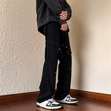 美式机能铆钉工装牛仔裤男女街头高街风纽扣设计直筒hiphop休闲裤，男装牛仔裤，星座601-1