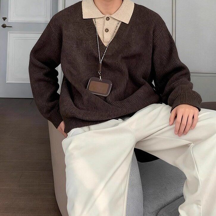 翻领假二件拼色毛衣MYS85,男装针织衫/毛衣,星座516A