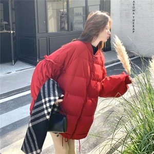新年红色花边棒球羽绒服女2025新款韩版加厚宽松休闲90白鸭绒外套图片