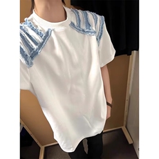 新款时尚慵懒原宿潮流毛边牛仔拼接垫肩t恤男夏季GTX84，男装T恤，星座208-5